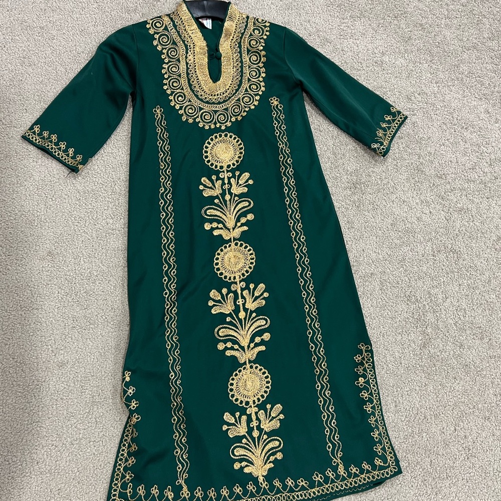 Authentic Emerald Green Kids Kaftan Abaya with Gold Foil Accents